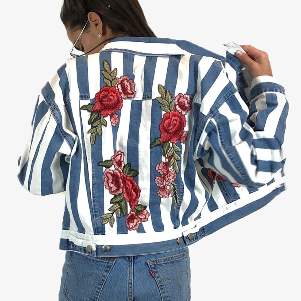 Handmade Striped Denim Jacket With Appliqués